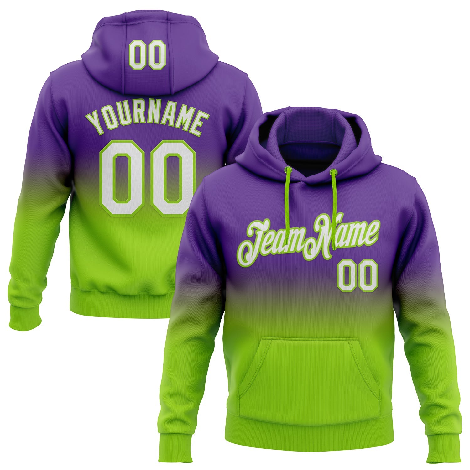 Custom Stitched Purple White-Neon Green Fade Fashion Sports Pullover Sweatshirt Hoodie - Main View