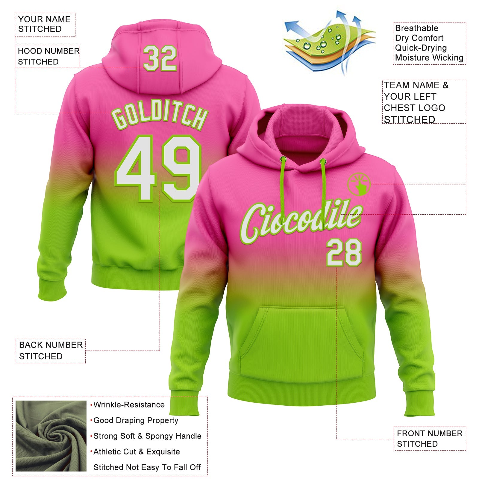 Custom Stitched Pink White-Neon Green Fade Fashion Sports Pullover Sweatshirt Hoodie view 2