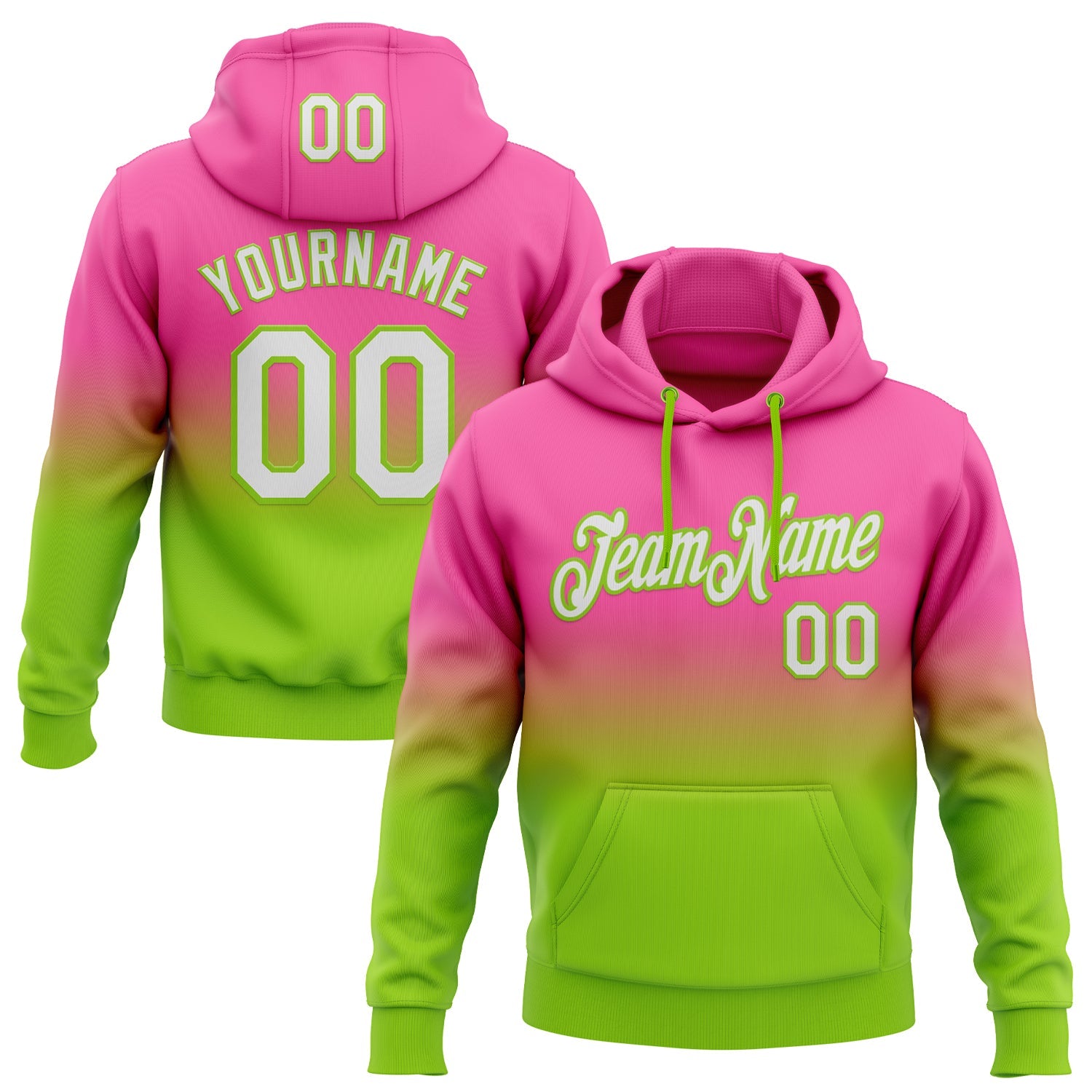 Custom Stitched Pink White-Neon Green Fade Fashion Sports Pullover Sweatshirt Hoodie - Main View