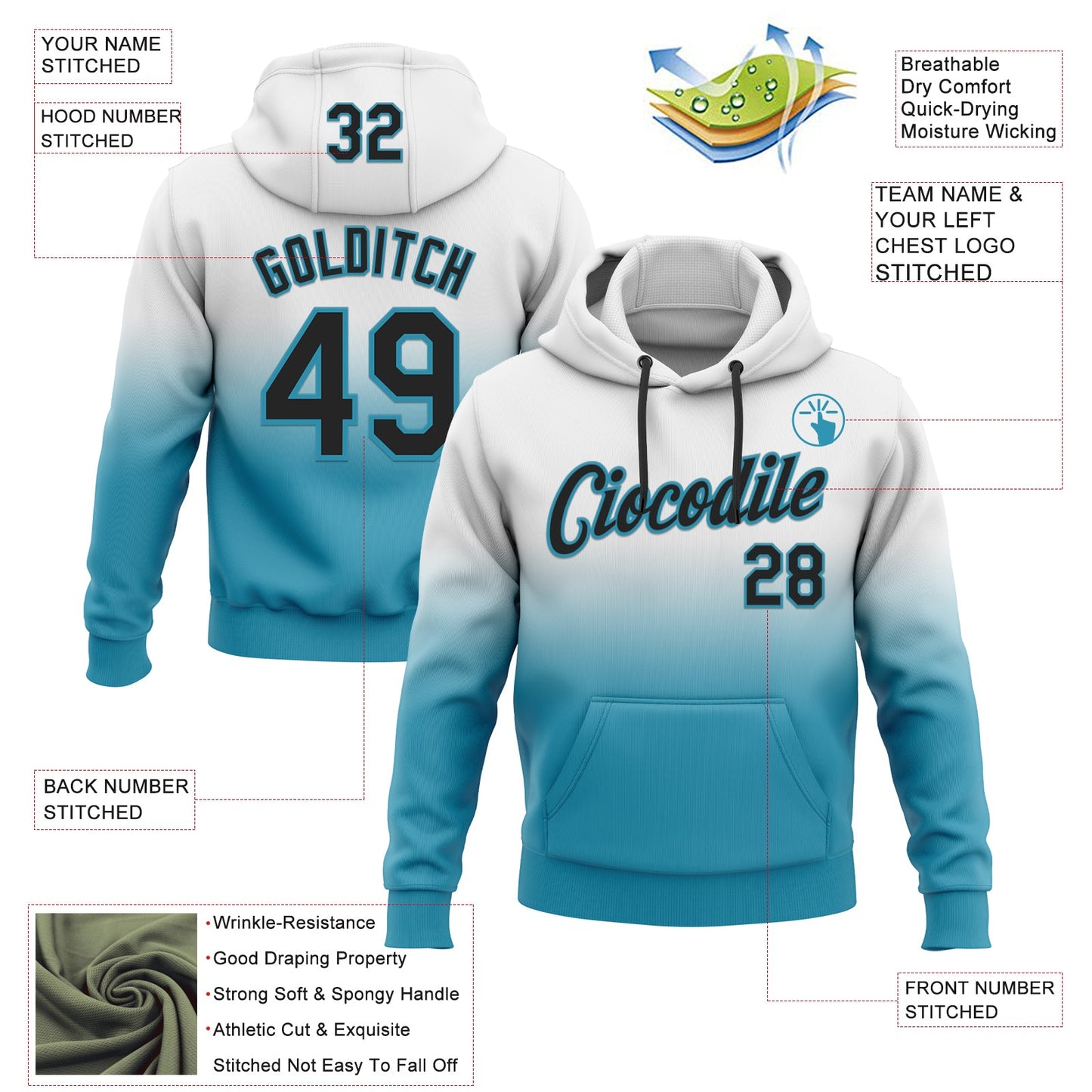 Custom Stitched White Black-Panther Blue Fade Fashion Sports Pullover Sweatshirt Hoodie view 2