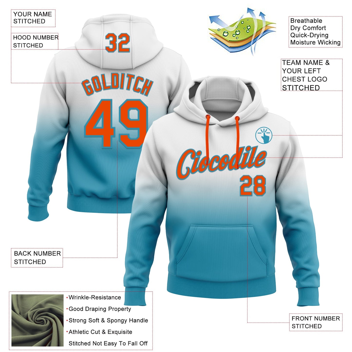 Custom Stitched White Orange-Panther Blue Fade Fashion Sports Pullover Sweatshirt Hoodie view 2