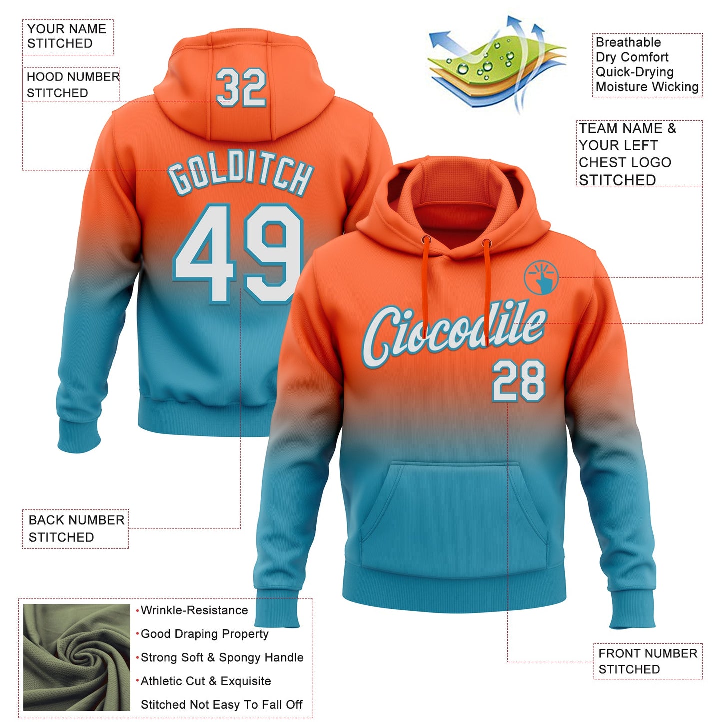 Custom Stitched Orange White-Panther Blue Fade Fashion Sports Pullover Sweatshirt Hoodie view 2