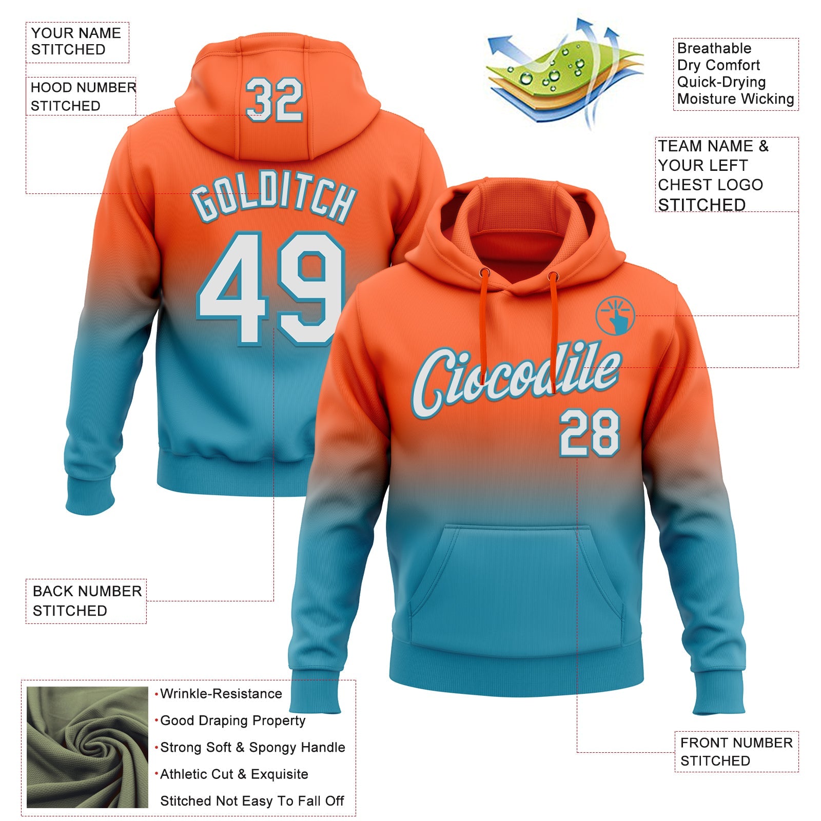 Custom Stitched Orange White-Panther Blue Fade Fashion Sports Pullover Sweatshirt Hoodie view 2