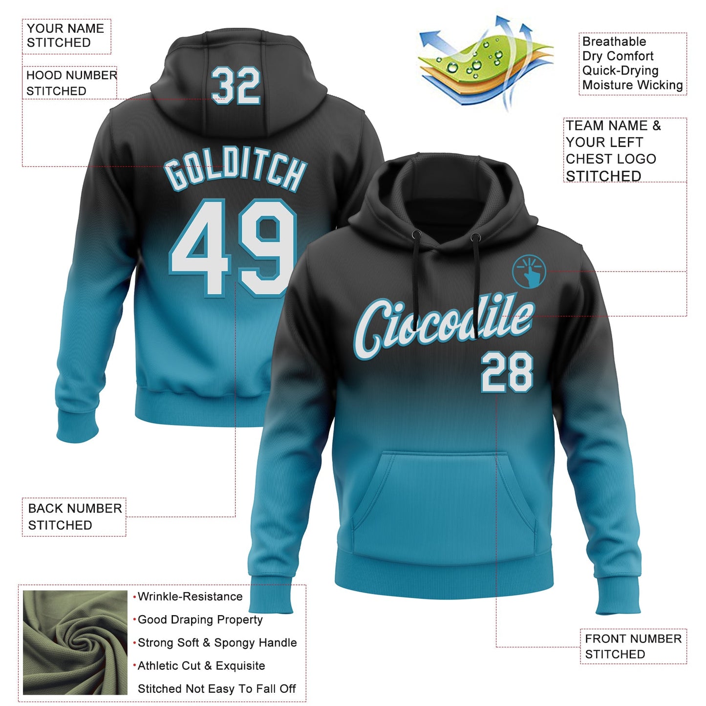 Custom Stitched Black White-Panther Blue Fade Fashion Sports Pullover Sweatshirt Hoodie view 2