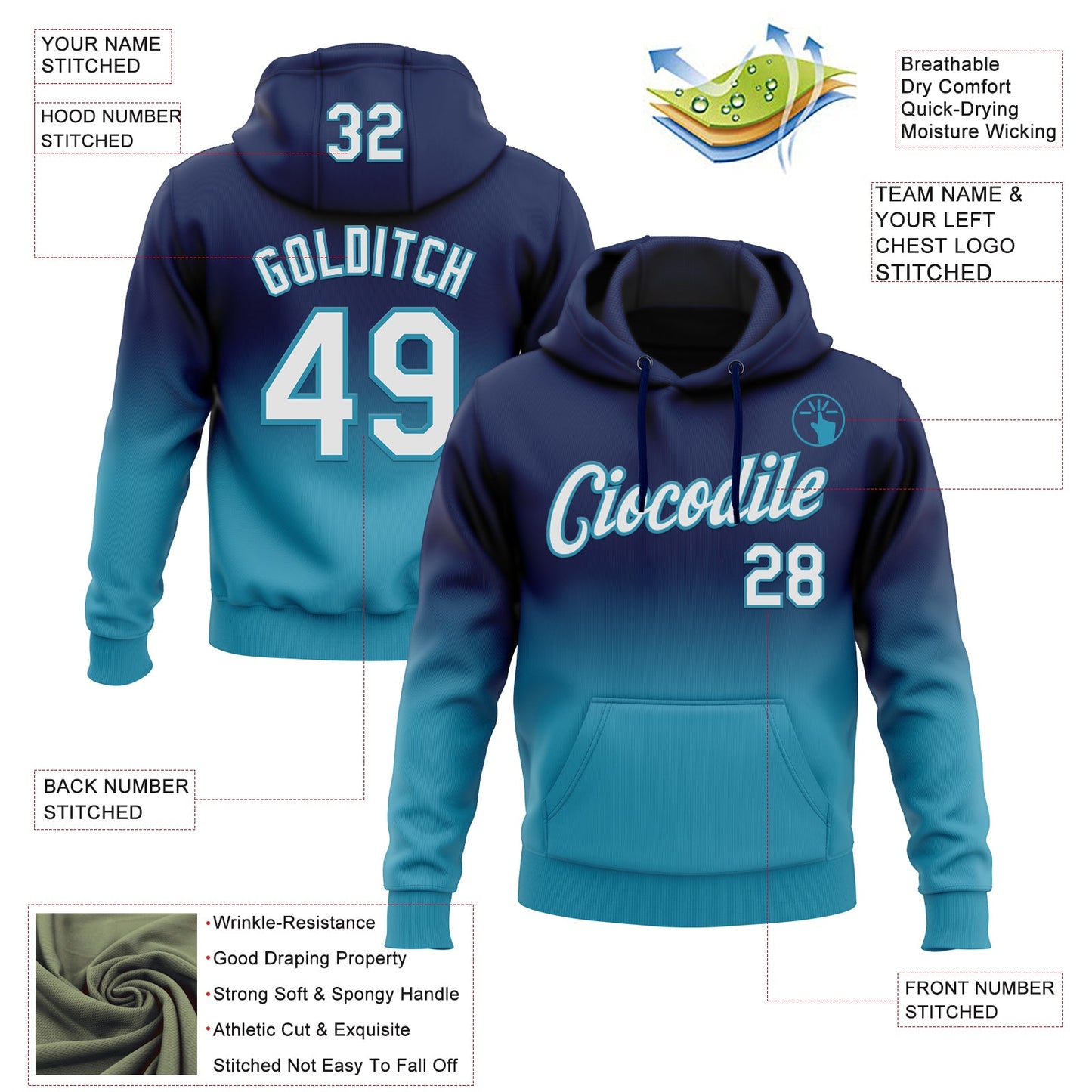 Custom Stitched Navy White-Panther Blue Fade Fashion Sports Pullover Sweatshirt Hoodie view 2