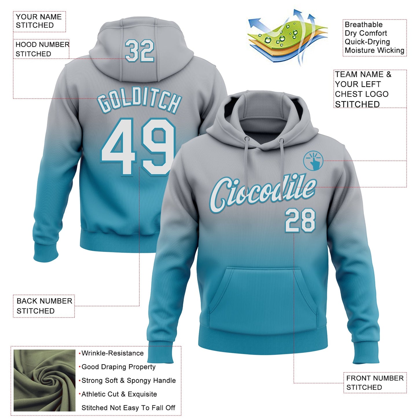 Custom Stitched Gray White-Panther Blue Fade Fashion Sports Pullover Sweatshirt Hoodie view 2