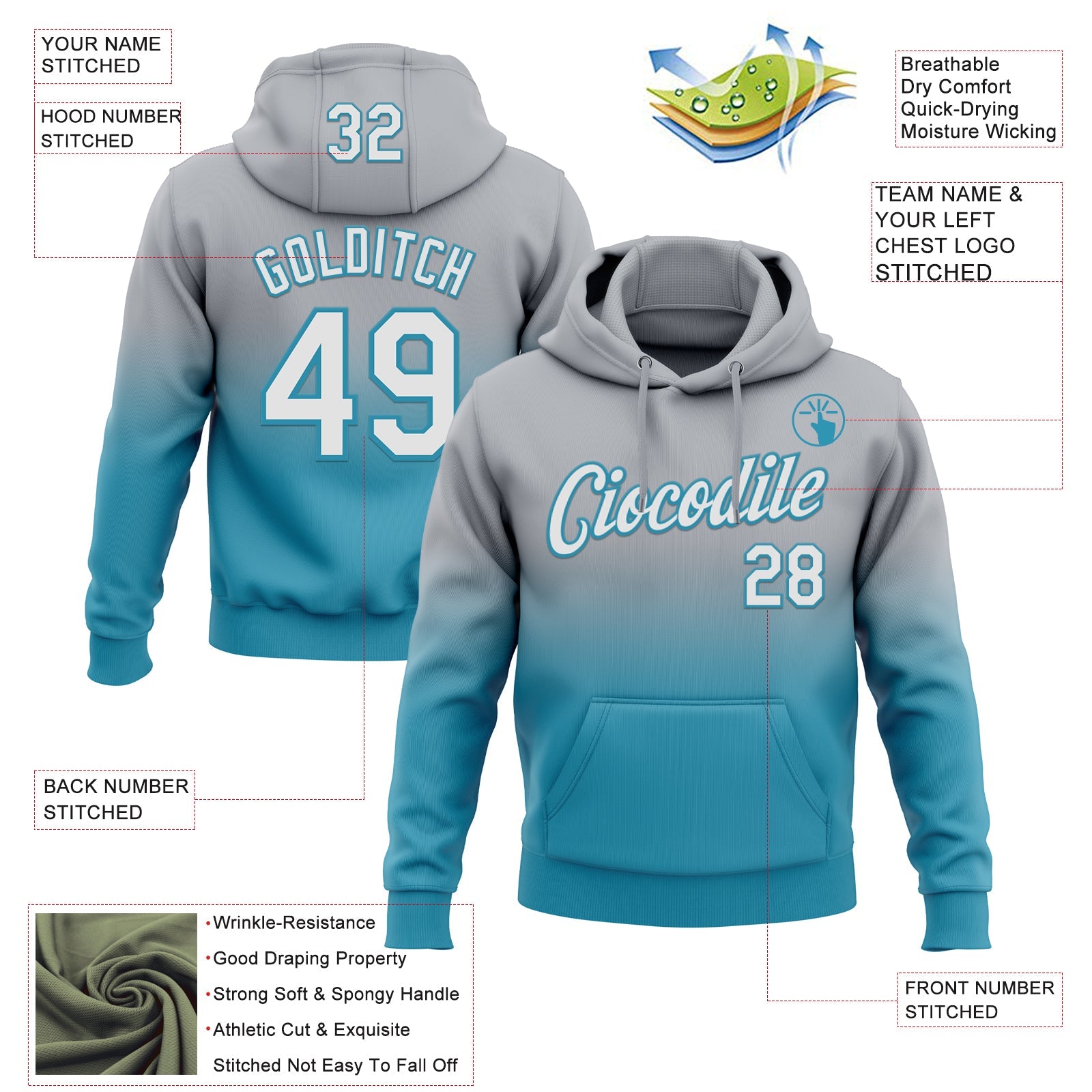 Custom Stitched Gray White-Panther Blue Fade Fashion Sports Pullover Sweatshirt Hoodie view 2