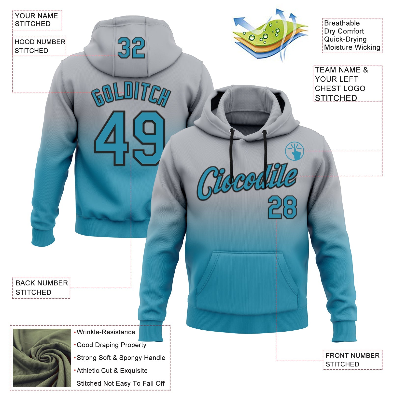 Custom Stitched Gray Panther Blue-Black Fade Fashion Sports Pullover Sweatshirt Hoodie view 2
