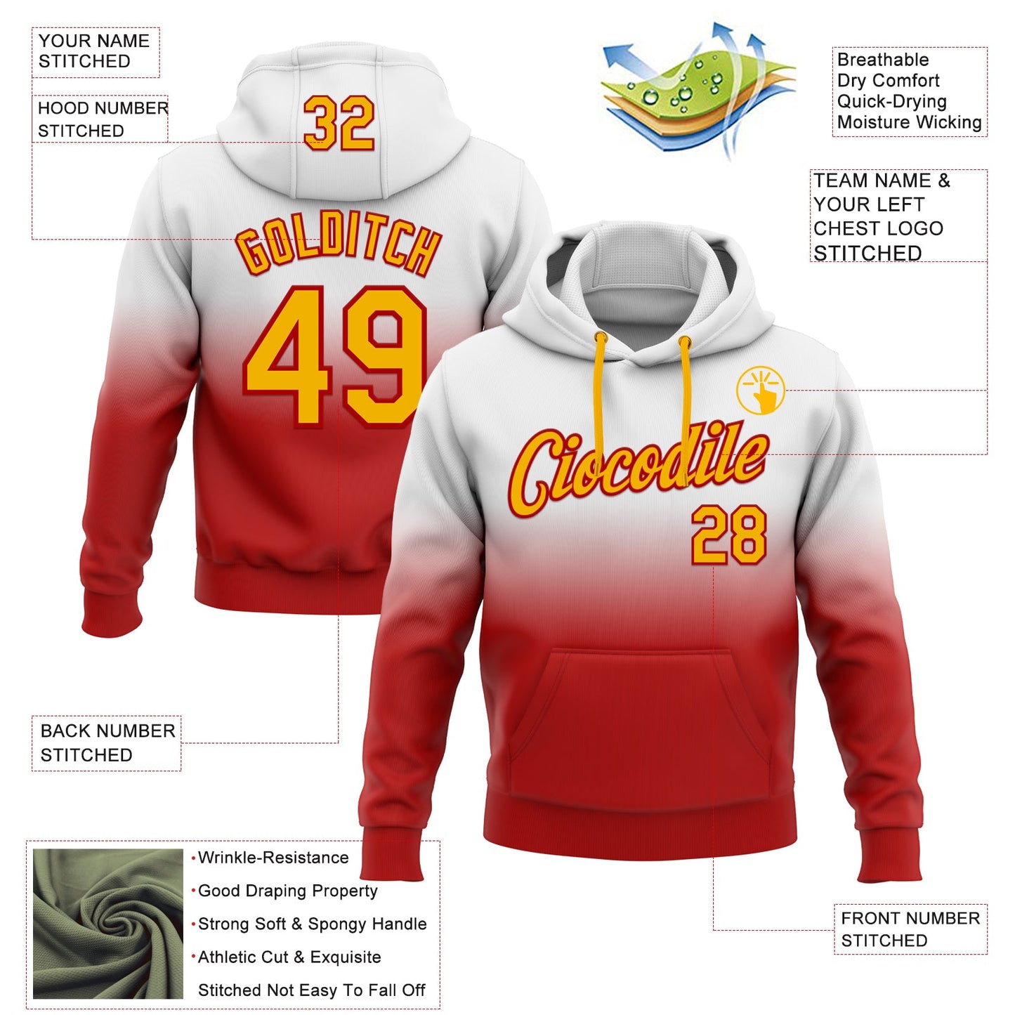 Custom Stitched White Gold-Red Fade Fashion Sports Pullover Sweatshirt Hoodie view 2