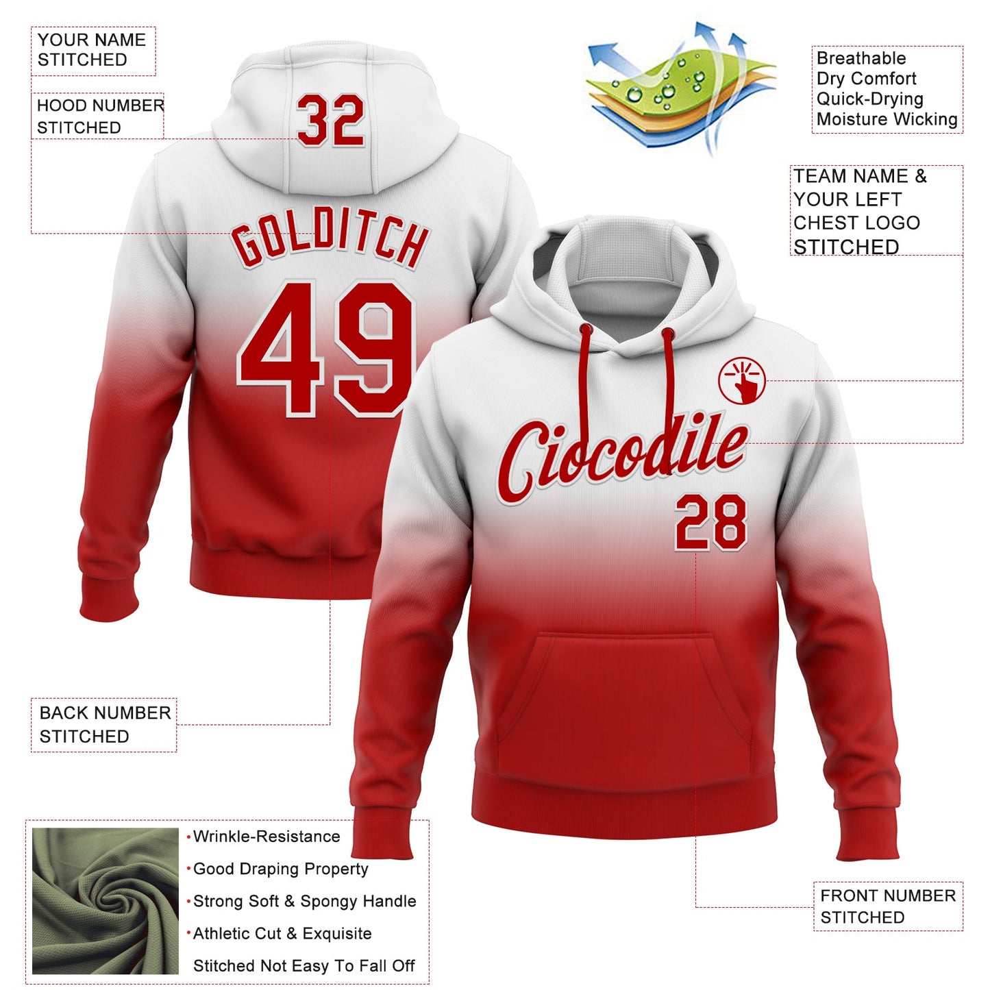 Custom Stitched White Red Fade Fashion Sports Pullover Sweatshirt Hoodie view 2