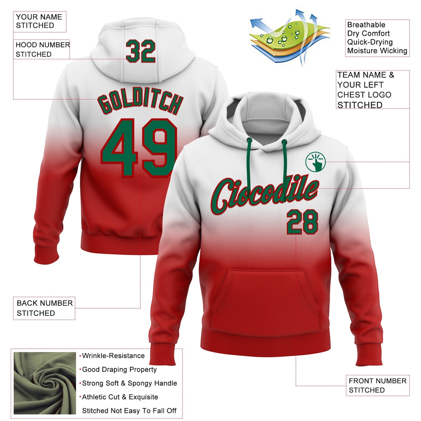 Custom Stitched White Kelly Green-Red Fade Fashion Sports Pullover Sweatshirt Hoodie view 2
