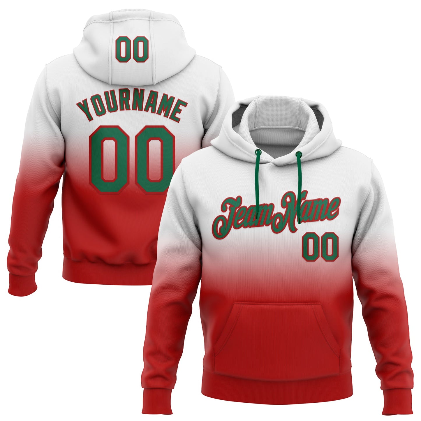Custom Stitched White Kelly Green-Red Fade Fashion Sports Pullover Sweatshirt Hoodie - Main View