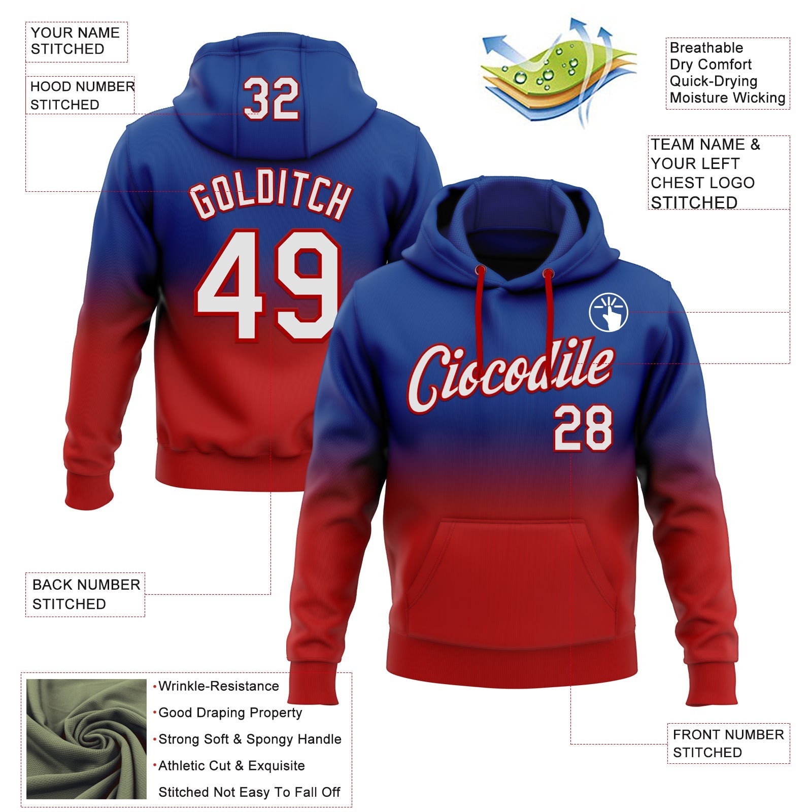 Custom Stitched Royal White-Red Fade Fashion Sports Pullover Sweatshirt Hoodie view 2