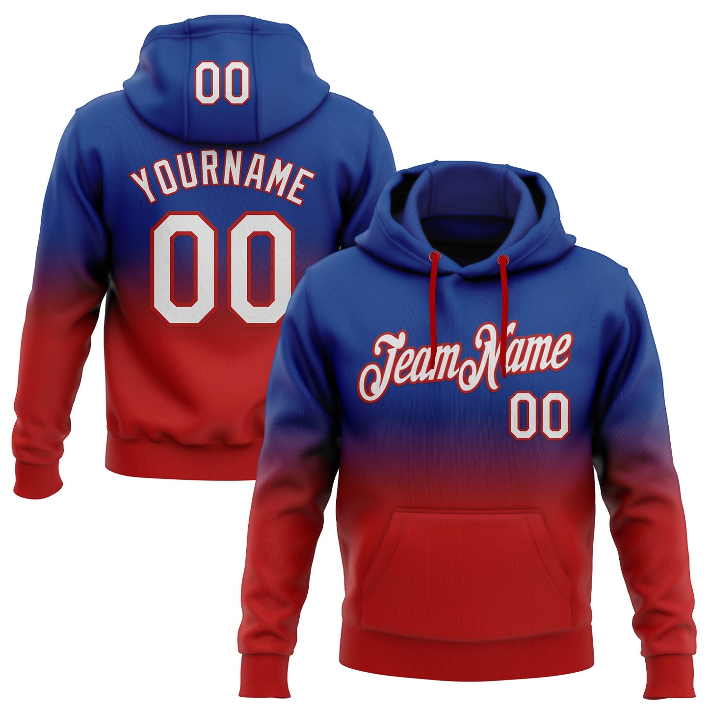 Custom Stitched Royal White-Red Fade Fashion Sports Pullover Sweatshirt Hoodie - Main View