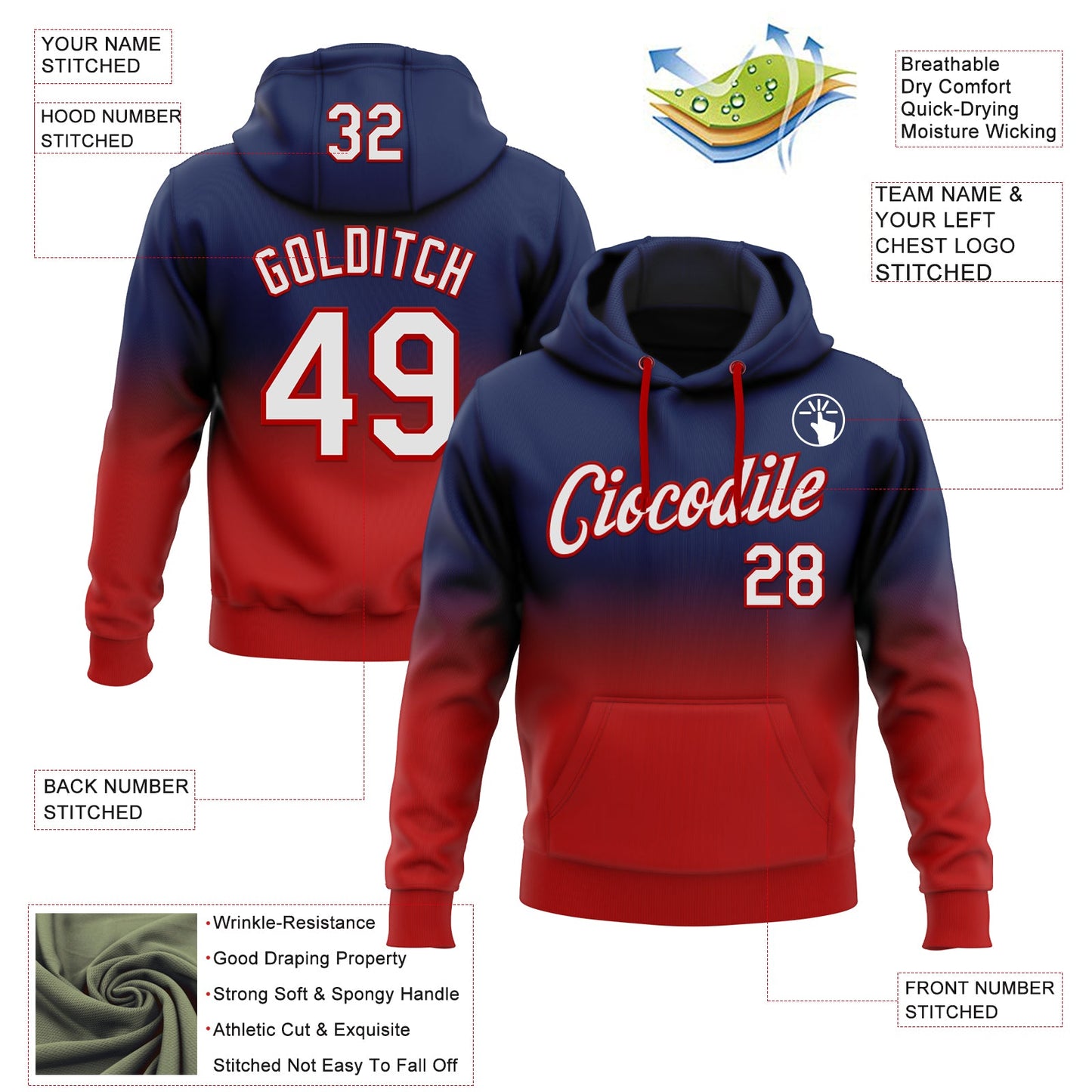 Custom Stitched Navy White-Red Fade Fashion Sports Pullover Sweatshirt Hoodie view 2