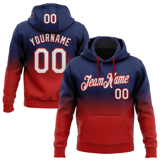 Custom Stitched Navy White-Red Fade Fashion Sports Pullover Sweatshirt Hoodie - Main View