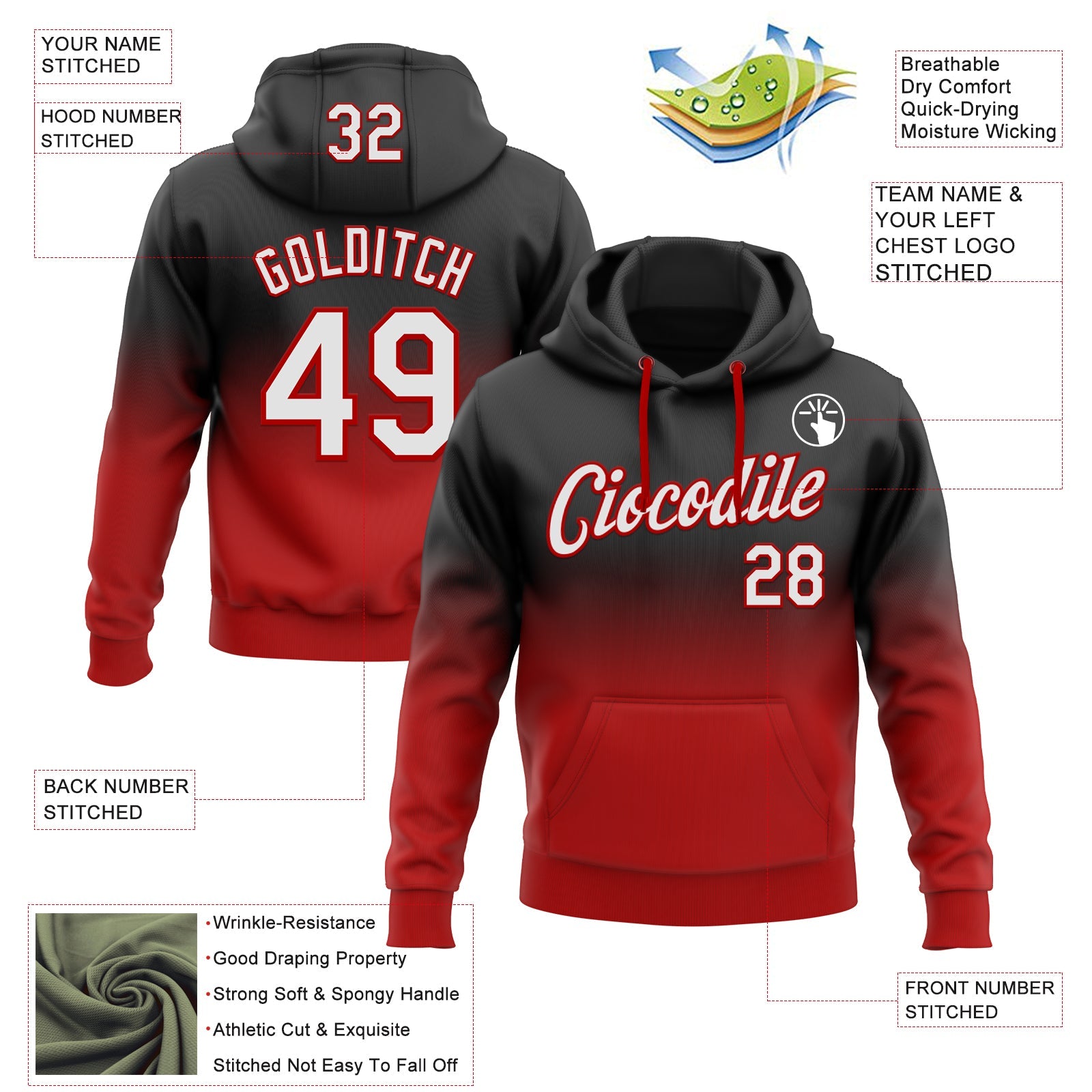 Custom Stitched Black White-Red Fade Fashion Sports Pullover Sweatshirt Hoodie view 2