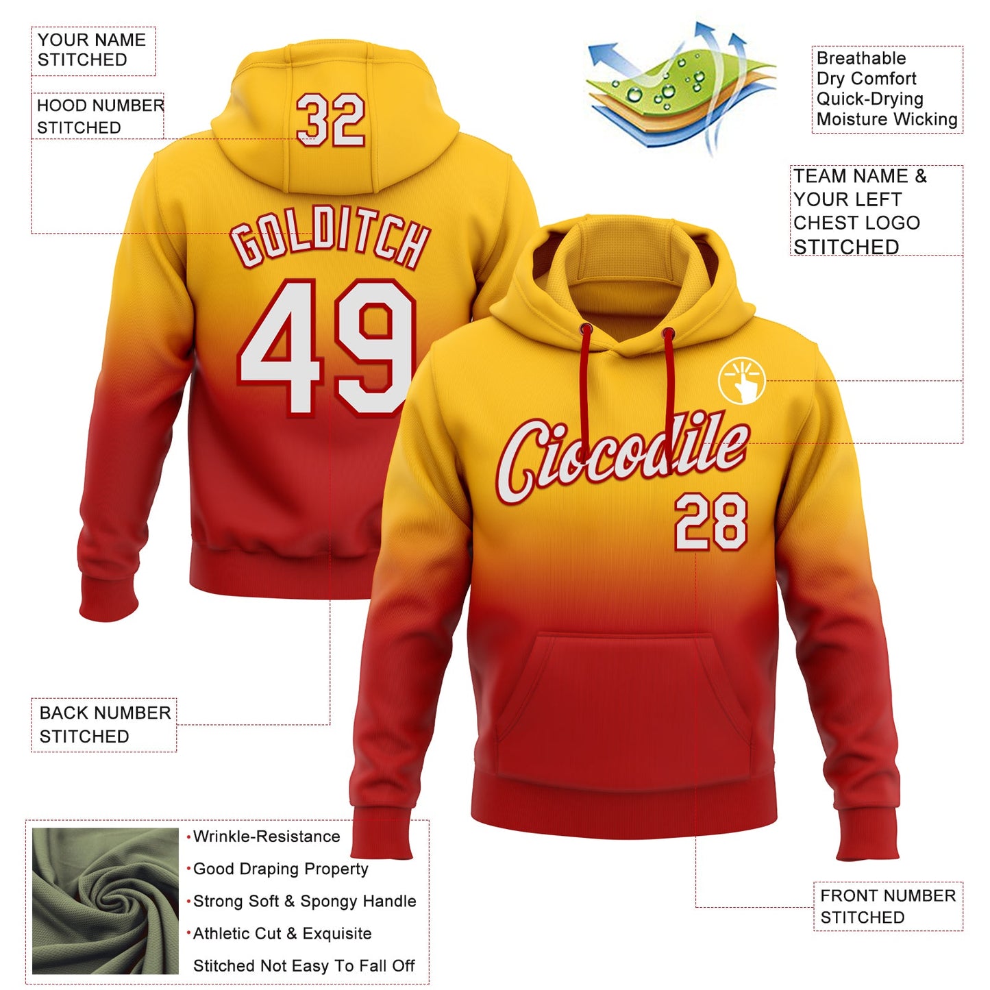 Custom Stitched Gold White-Red Fade Fashion Sports Pullover Sweatshirt Hoodie view 2
