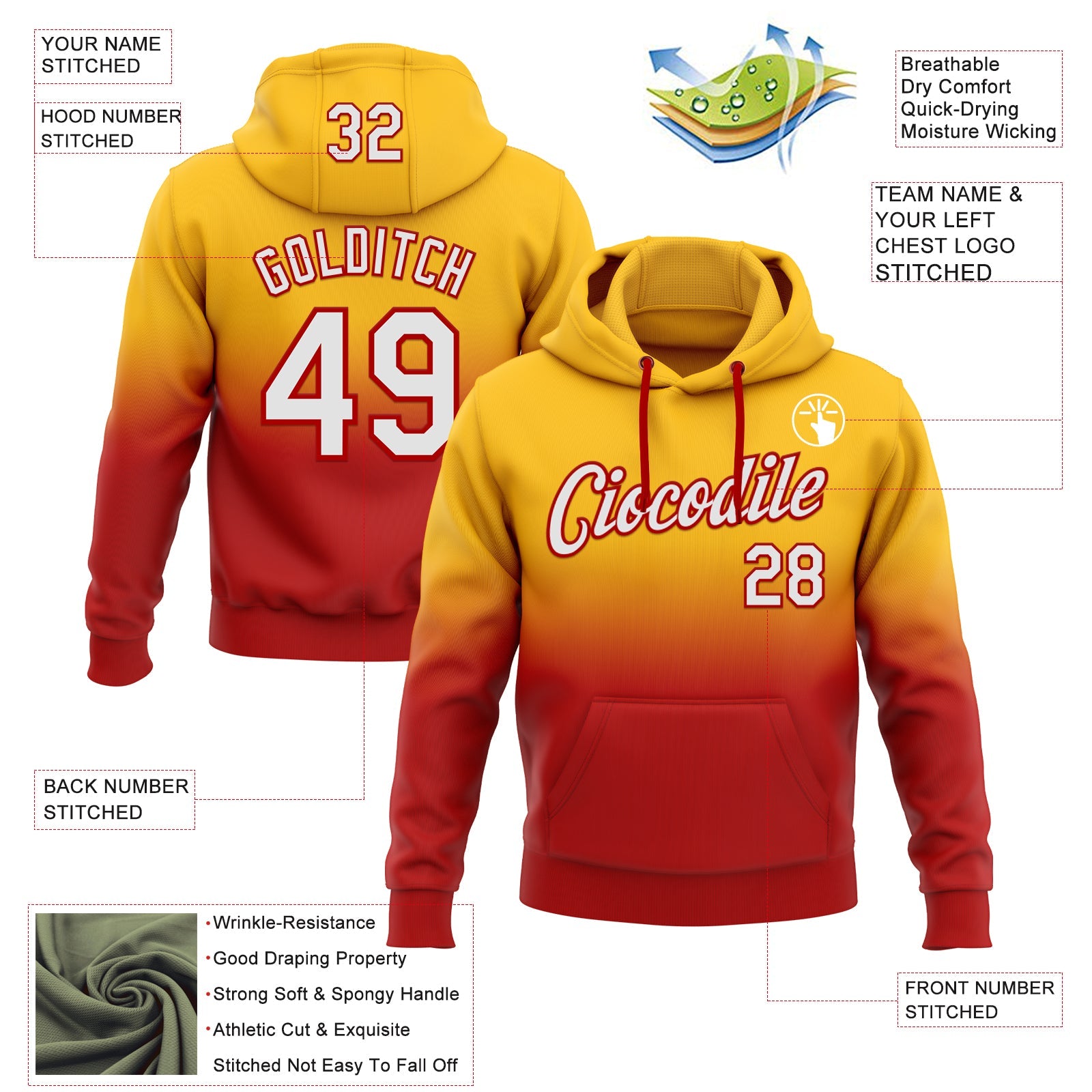 Custom Stitched Gold White-Red Fade Fashion Sports Pullover Sweatshirt Hoodie view 2