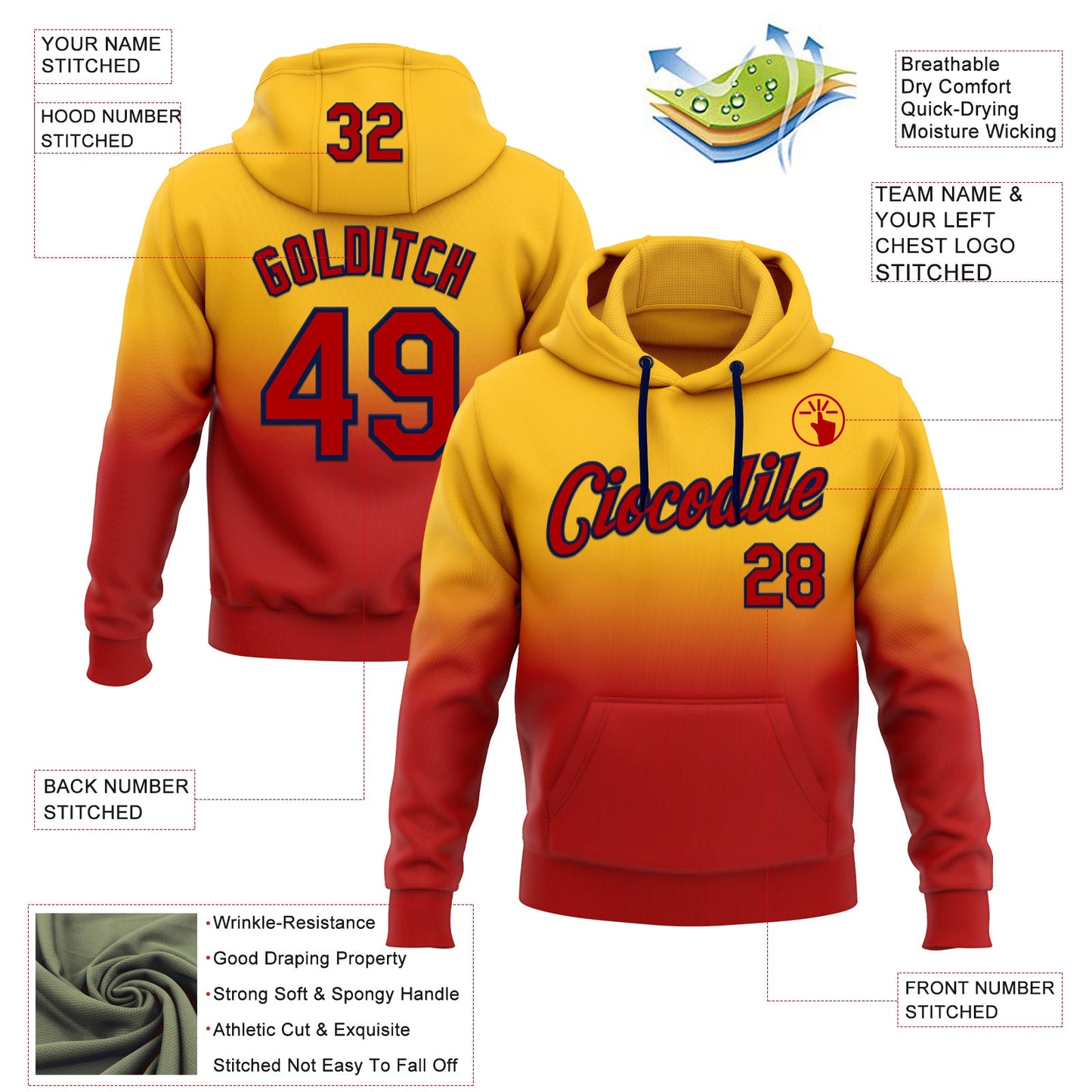 Custom Stitched Gold Red-Navy Fade Fashion Sports Pullover Sweatshirt Hoodie view 2