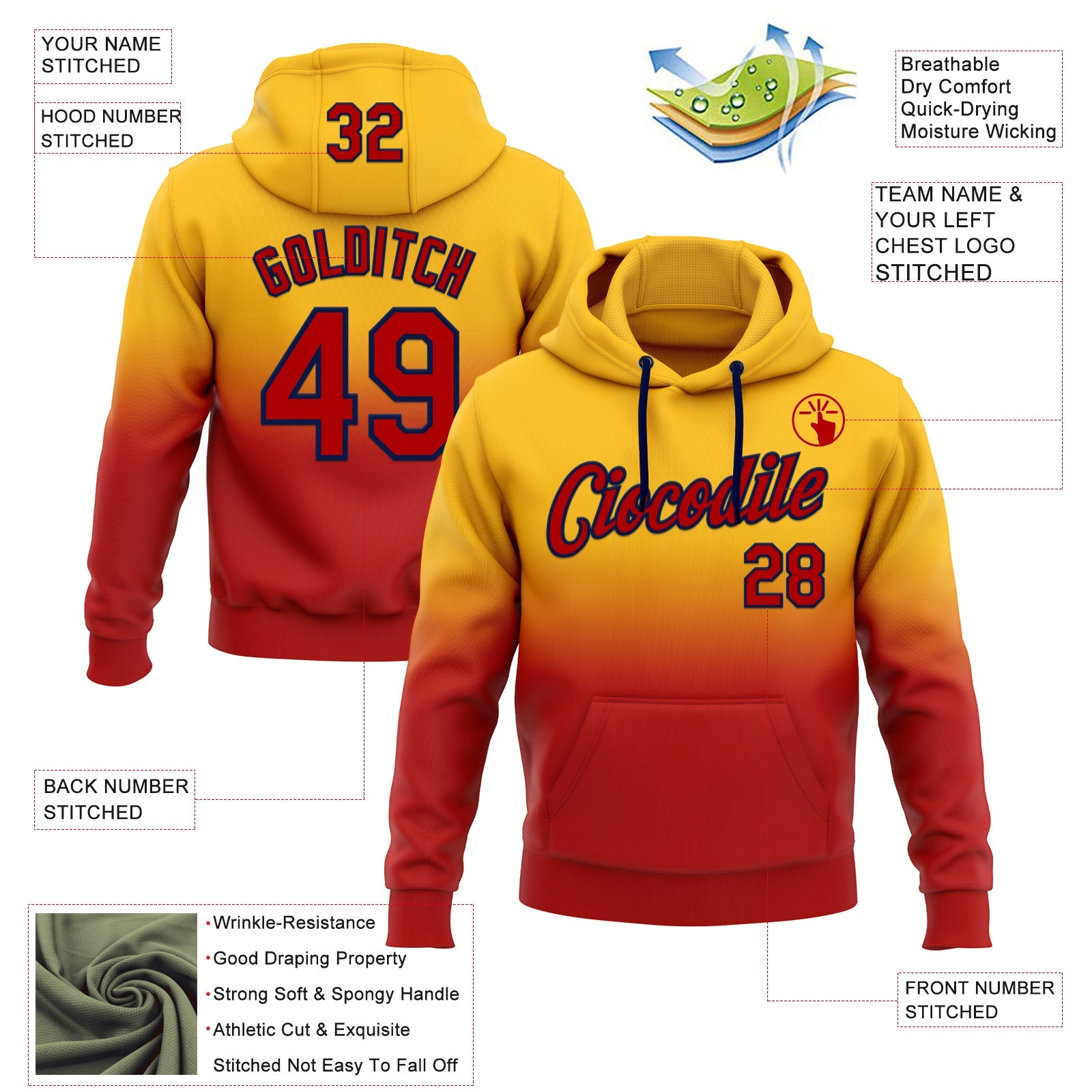 Custom Stitched Gold Red-Navy Fade Fashion Sports Pullover Sweatshirt Hoodie view 2