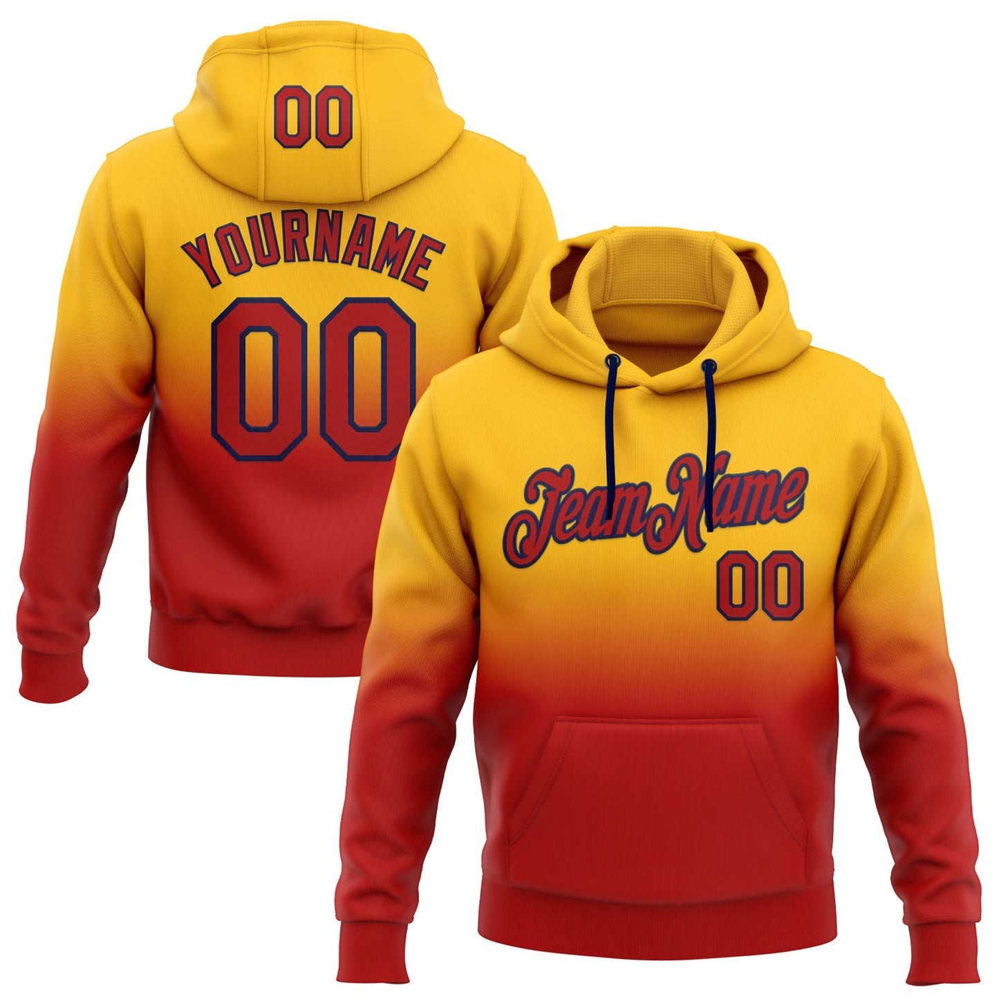Custom Stitched Gold Red-Navy Fade Fashion Sports Pullover Sweatshirt Hoodie - Main View