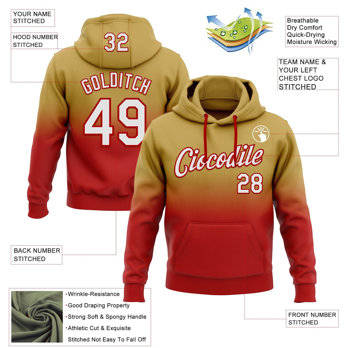 Custom Stitched Old Gold White-Red Fade Fashion Sports Pullover Sweatshirt Hoodie view 2