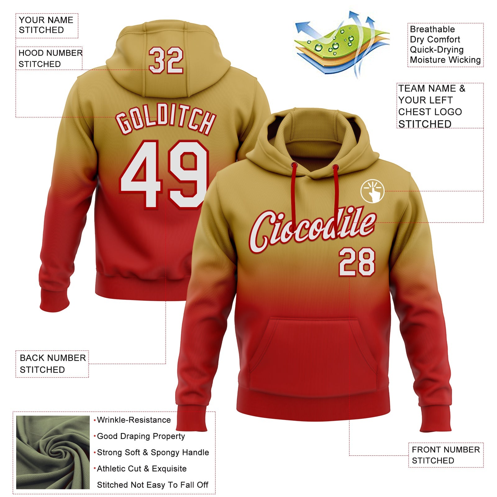 Custom Stitched Old Gold White-Red Fade Fashion Sports Pullover Sweatshirt Hoodie view 2