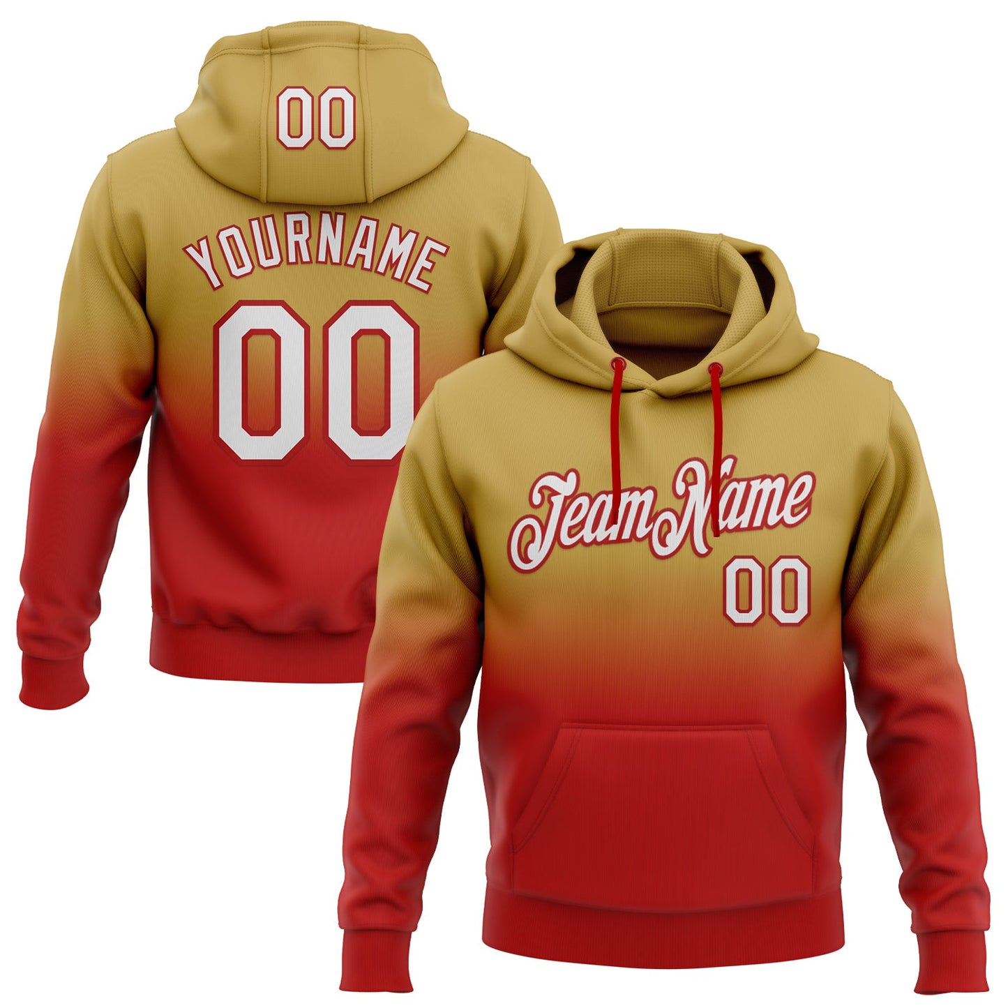 Custom Stitched Old Gold White-Red Fade Fashion Sports Pullover Sweatshirt Hoodie - Main View