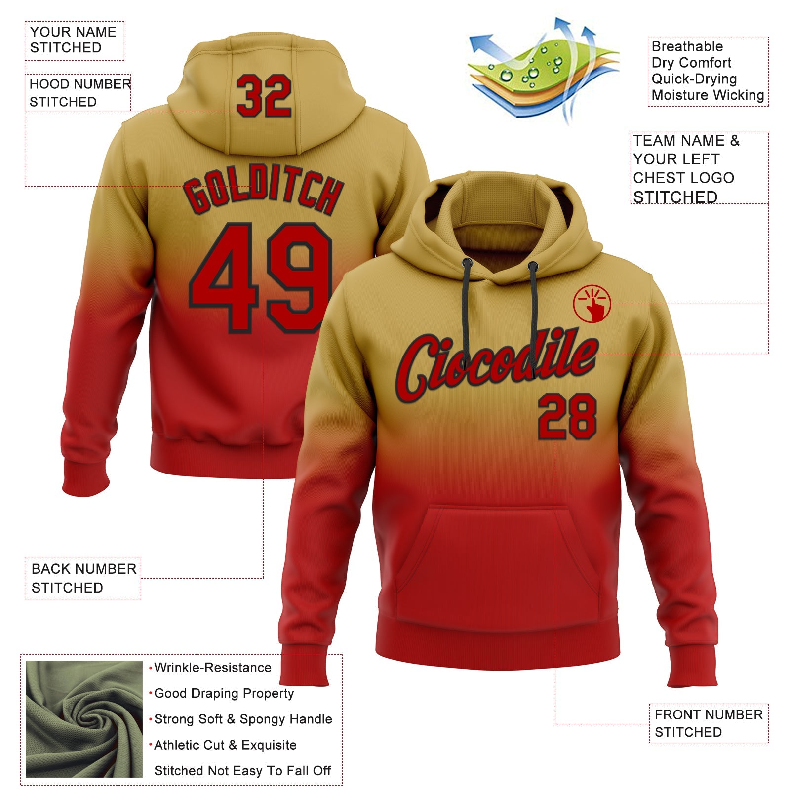 Custom Stitched Old Gold Red-Black Fade Fashion Sports Pullover Sweatshirt Hoodie view 2