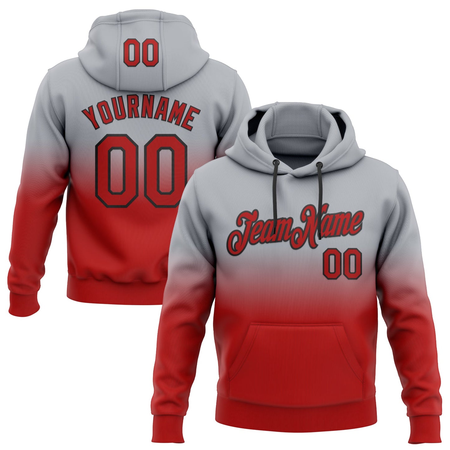 Custom Stitched Gray Red-Black Fade Fashion Sports Pullover Sweatshirt Hoodie - Main View