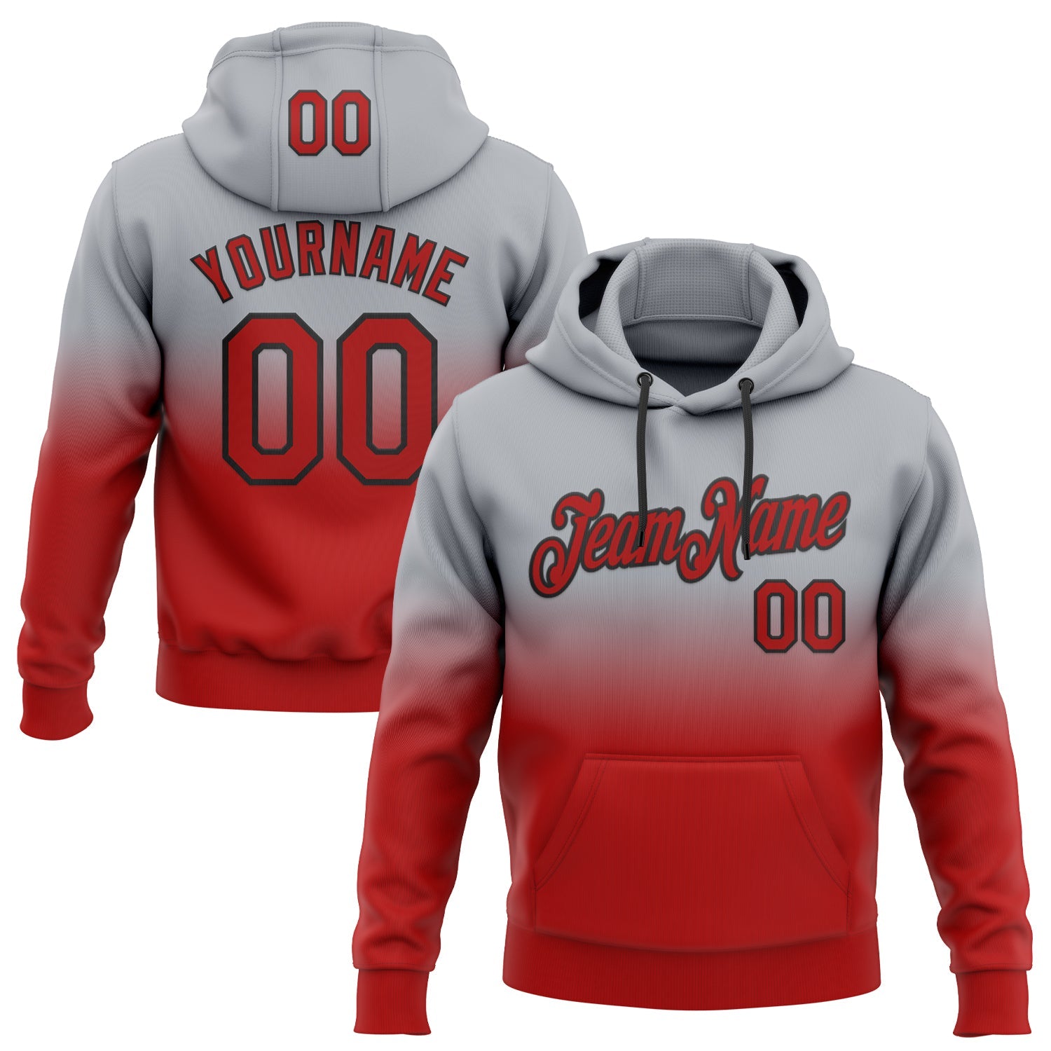 Custom Stitched Gray Red-Black Fade Fashion Sports Pullover Sweatshirt Hoodie - Main View