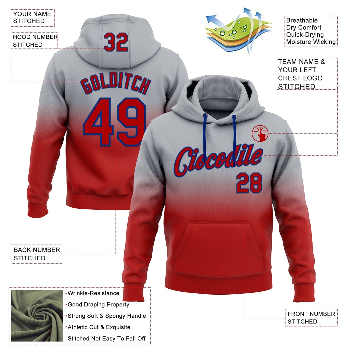 Custom Stitched Gray Red-Royal Fade Fashion Sports Pullover Sweatshirt Hoodie view 2