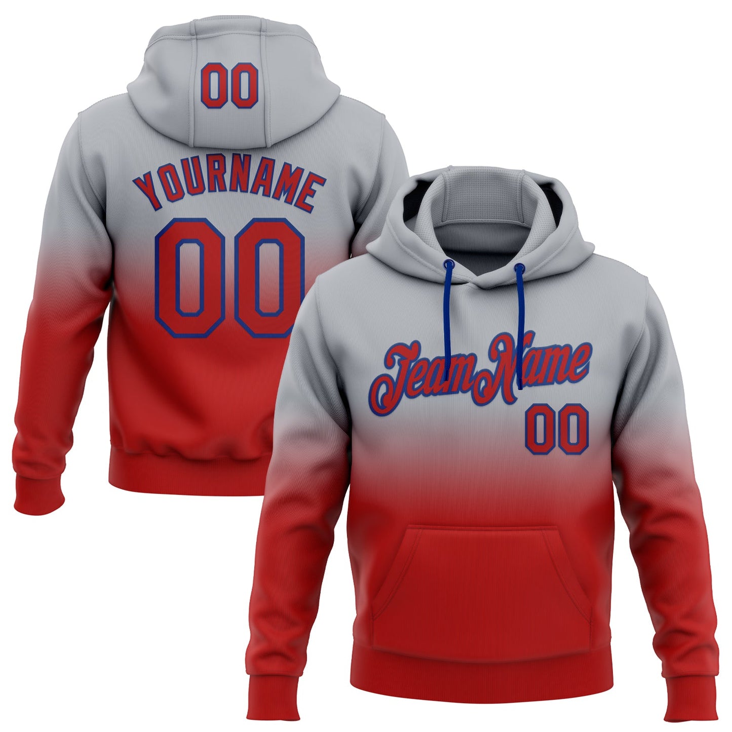 Custom Stitched Gray Red-Royal Fade Fashion Sports Pullover Sweatshirt Hoodie - Main View