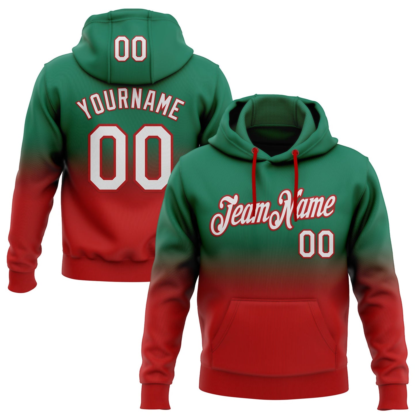 Custom Stitched Kelly Green White-Red Fade Fashion Sports Pullover Sweatshirt Hoodie - Main View