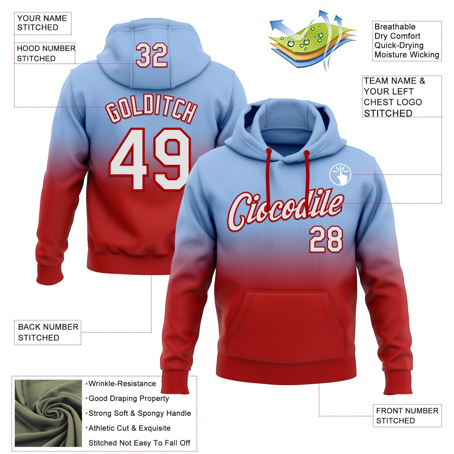 Custom Stitched Light Blue White-Red Fade Fashion Sports Pullover Sweatshirt Hoodie view 2