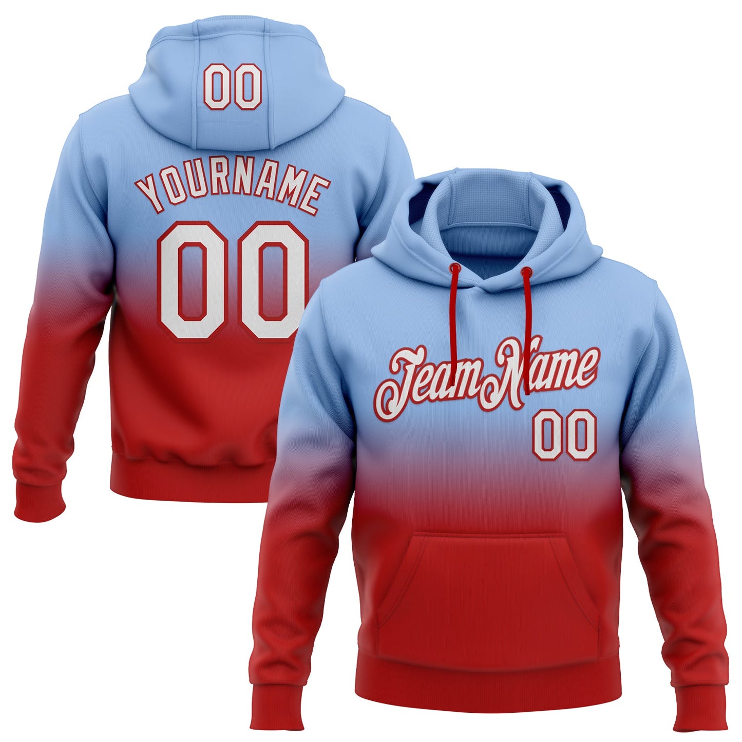 Custom Stitched Light Blue White-Red Fade Fashion Sports Pullover Sweatshirt Hoodie - Main View