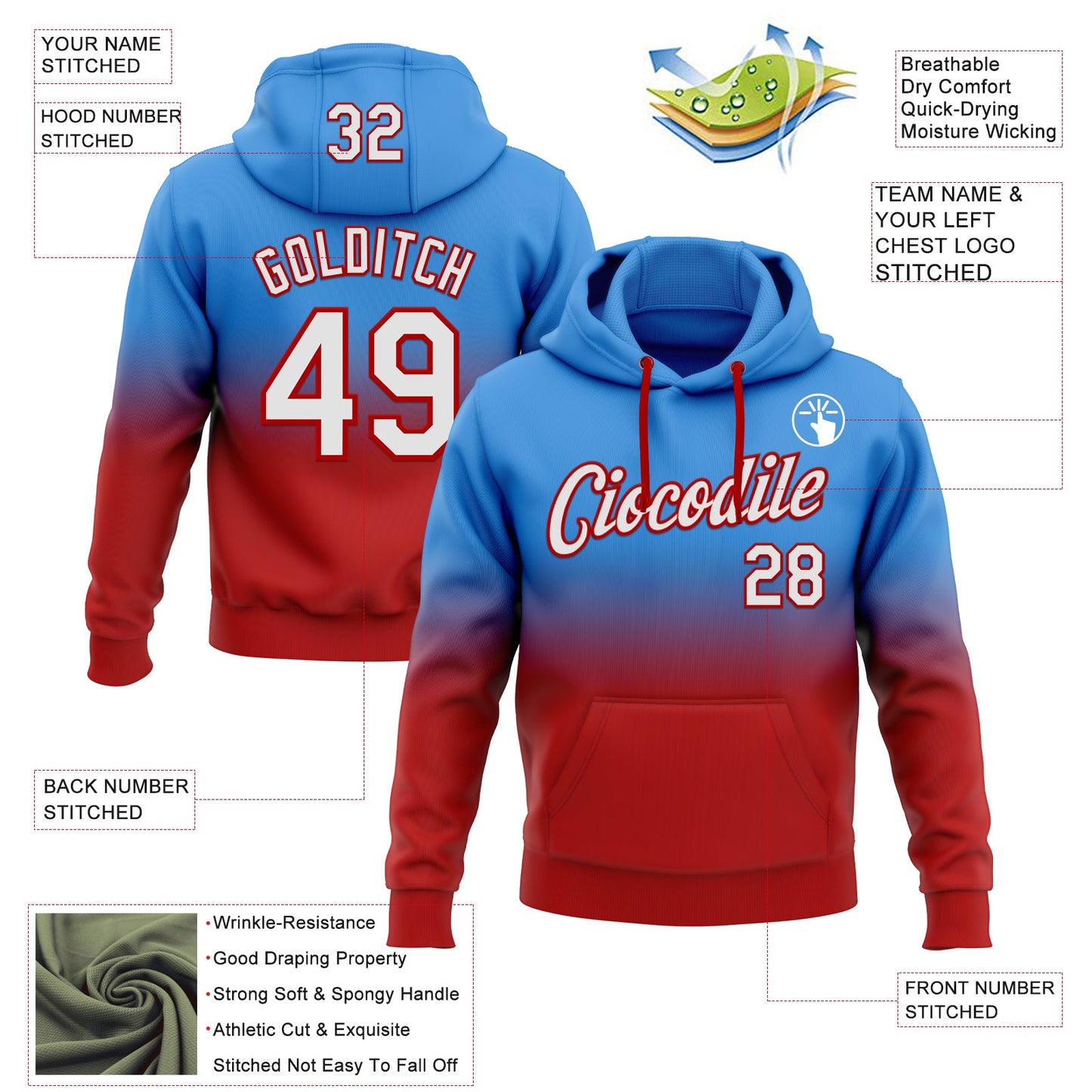 Custom Stitched Powder Blue White-Red Fade Fashion Sports Pullover Sweatshirt Hoodie view 2