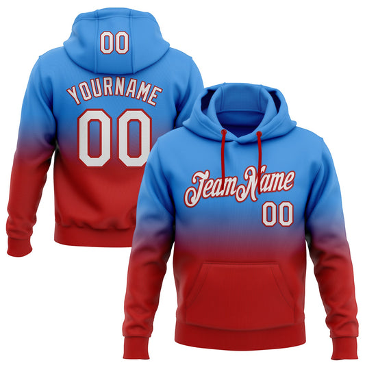 Custom Stitched Powder Blue White-Red Fade Fashion Sports Pullover Sweatshirt Hoodie - Main View