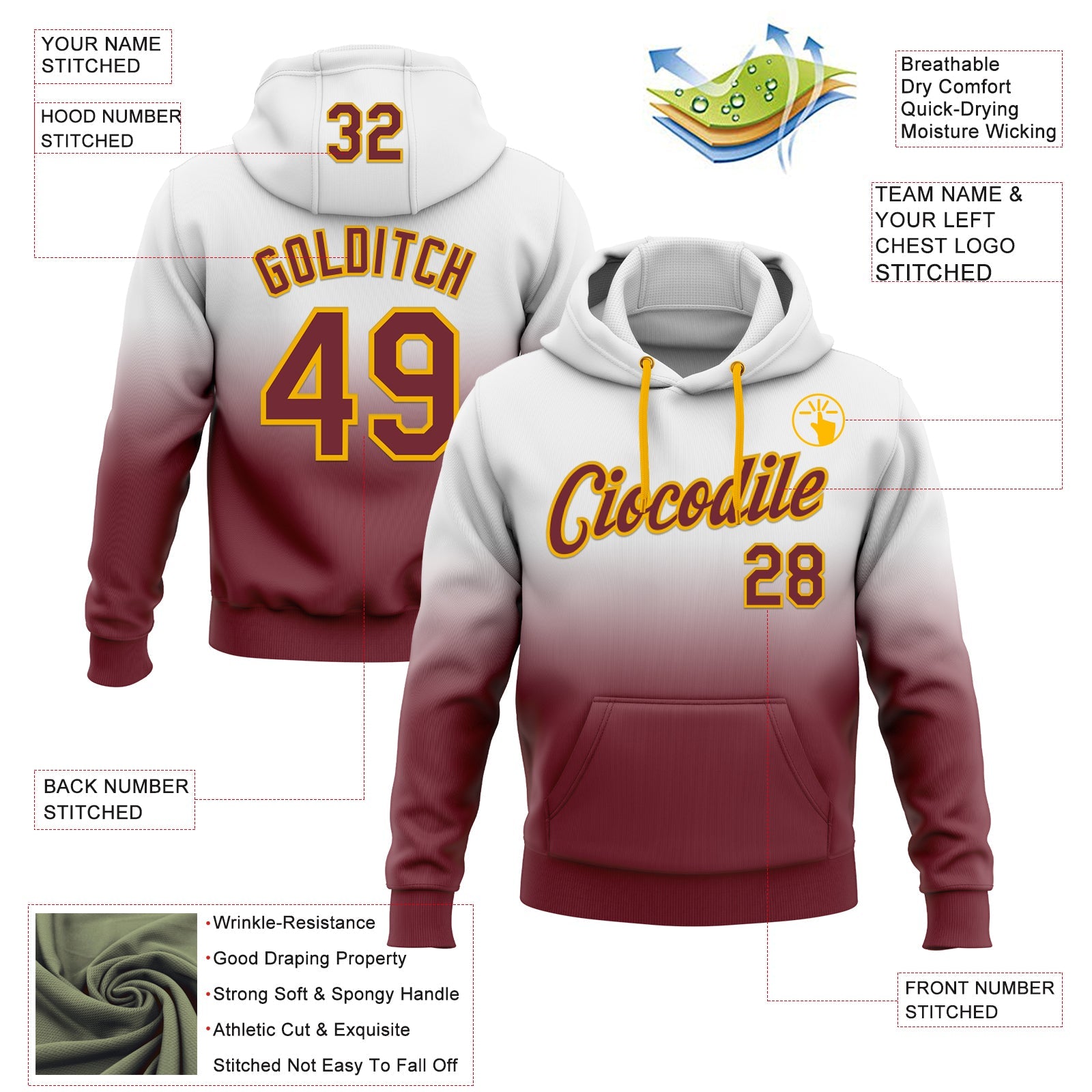 Custom Stitched White Burgundy-Gold Fade Fashion Sports Pullover Sweatshirt Hoodie view 2