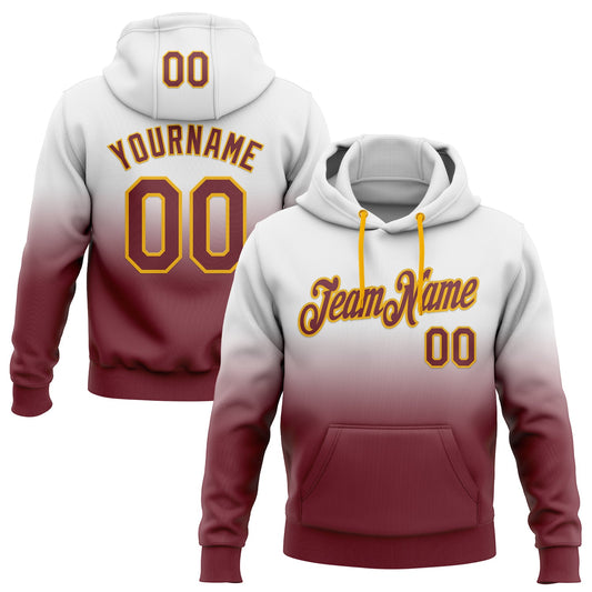 Custom Stitched White Burgundy-Gold Fade Fashion Sports Pullover Sweatshirt Hoodie - Main View