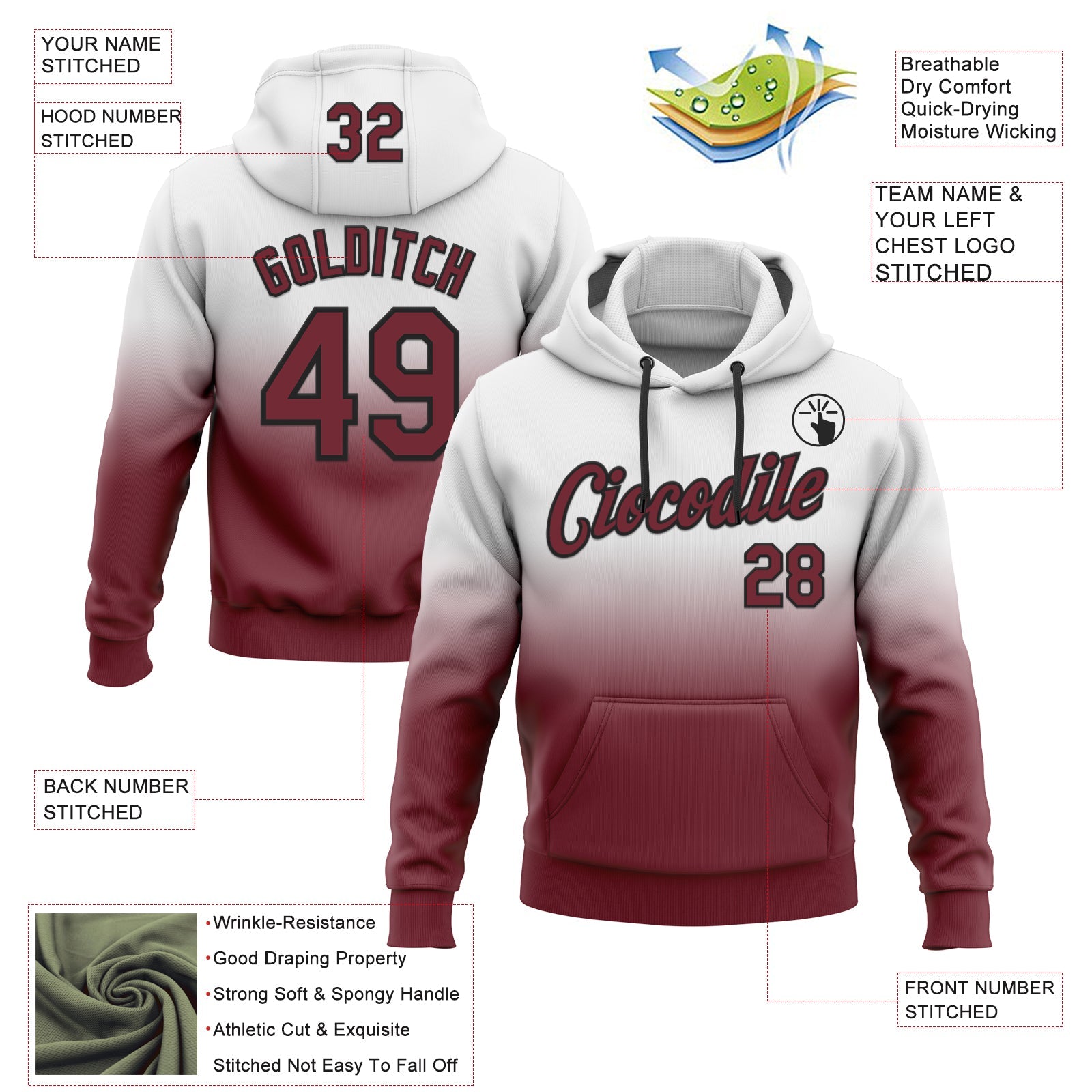 Custom Stitched White Burgundy-Black Fade Fashion Sports Pullover Sweatshirt Hoodie view 2