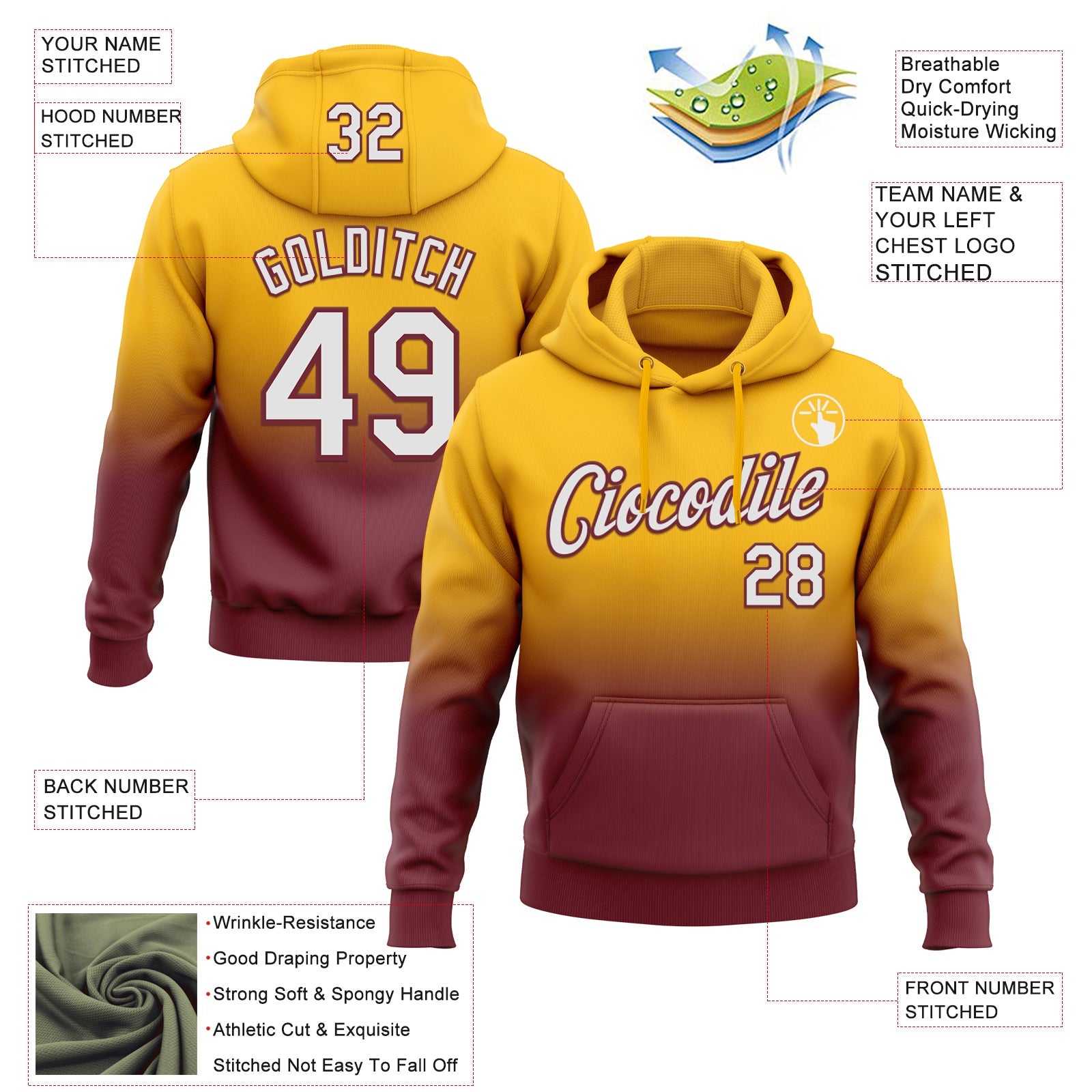 Custom Stitched Gold White-Burgundy Fade Fashion Sports Pullover Sweatshirt Hoodie view 2