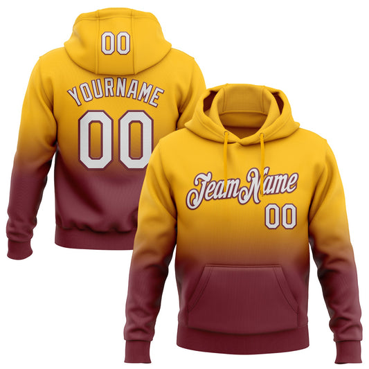 Custom Stitched Gold White-Burgundy Fade Fashion Sports Pullover Sweatshirt Hoodie - Main View