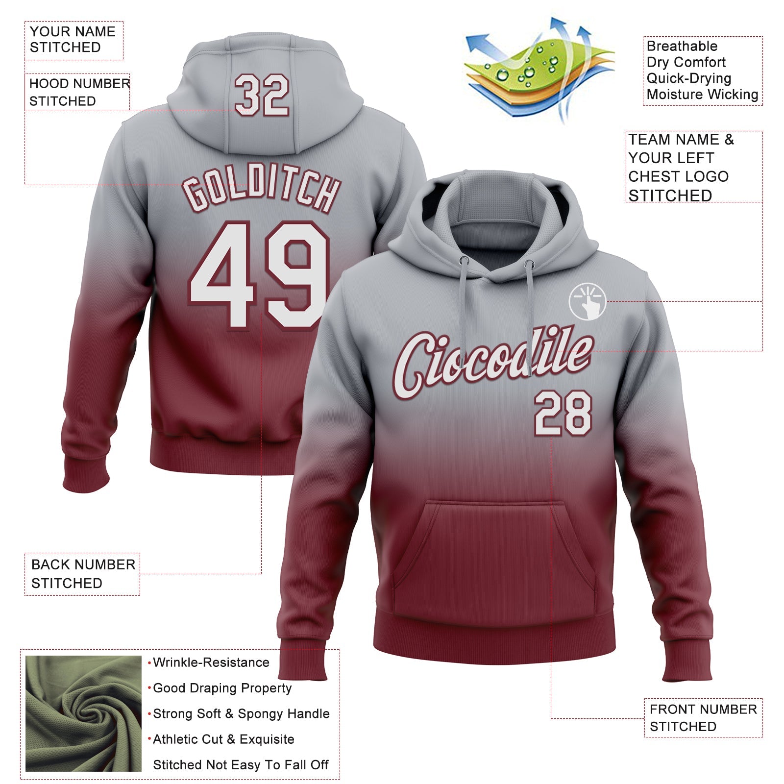 Custom Stitched Gray White-Burgundy Fade Fashion Sports Pullover Sweatshirt Hoodie view 2