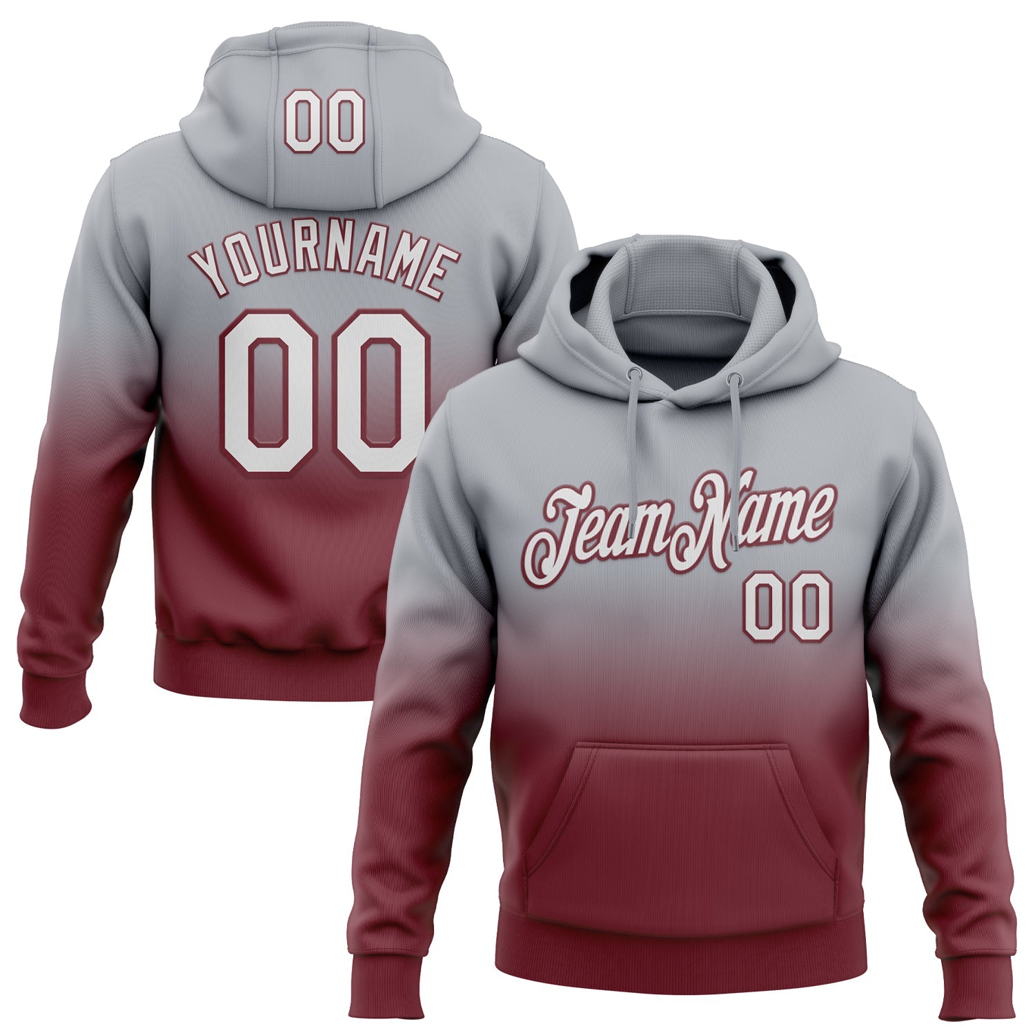 Custom Stitched Gray White-Burgundy Fade Fashion Sports Pullover Sweatshirt Hoodie - Main View