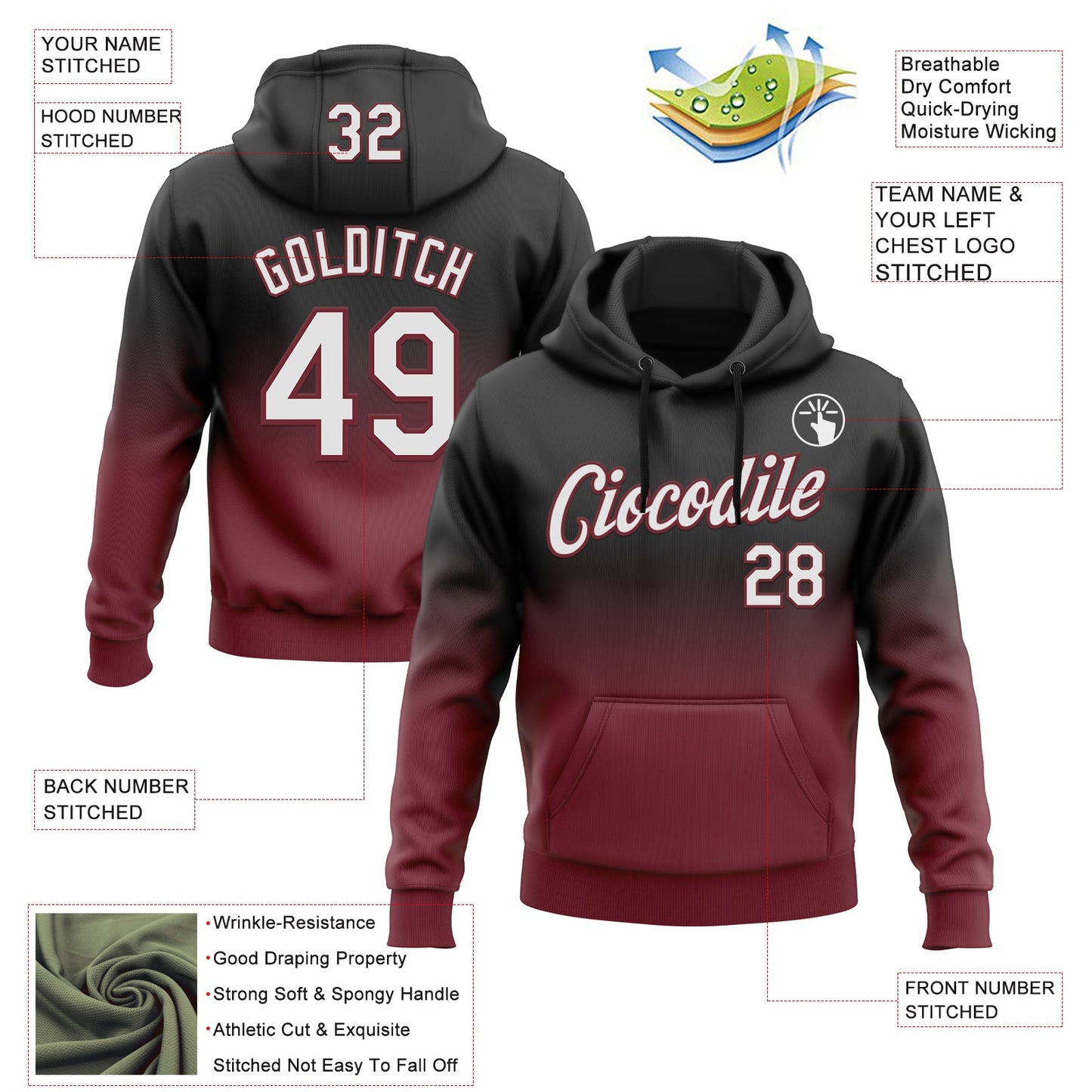 Custom Stitched Black White-Burgundy Fade Fashion Sports Pullover Sweatshirt Hoodie view 2