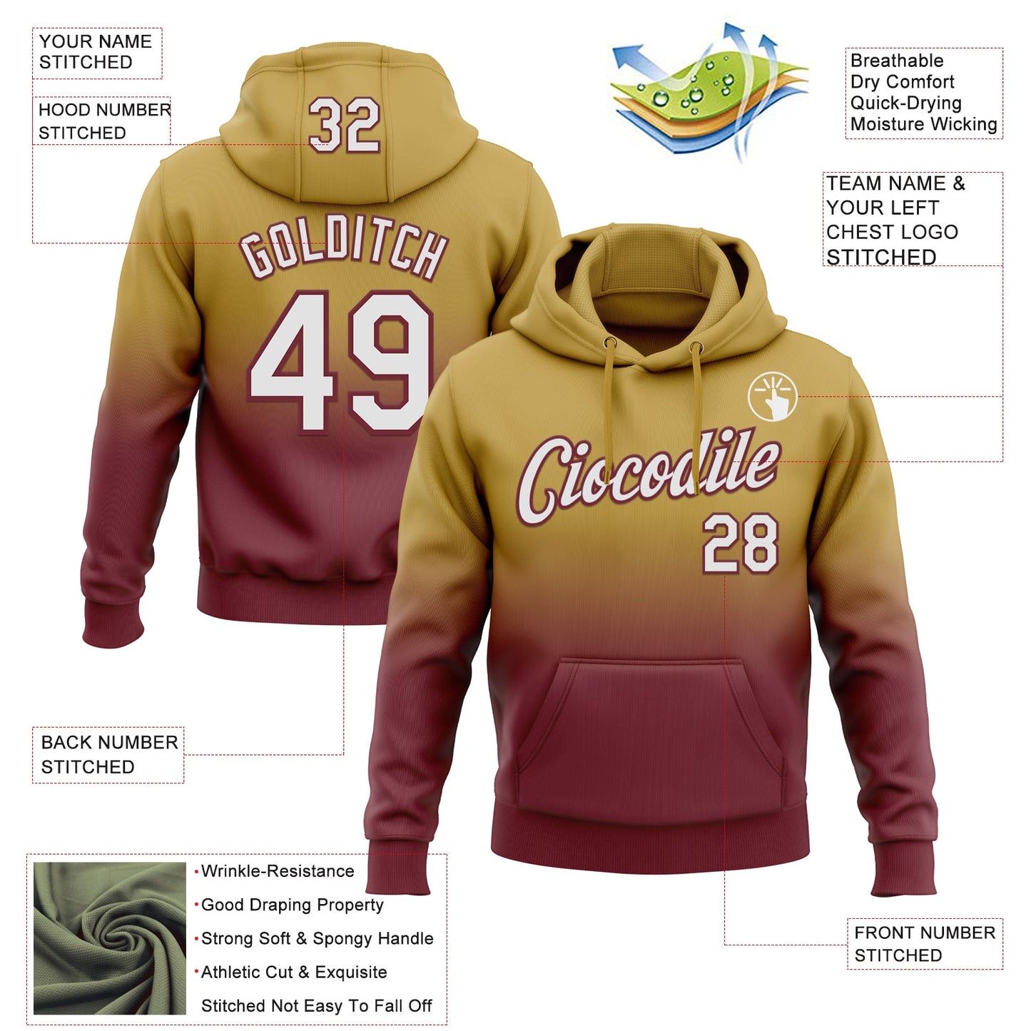 Custom Stitched Old Gold White-Burgundy Fade Fashion Sports Pullover Sweatshirt Hoodie view 2