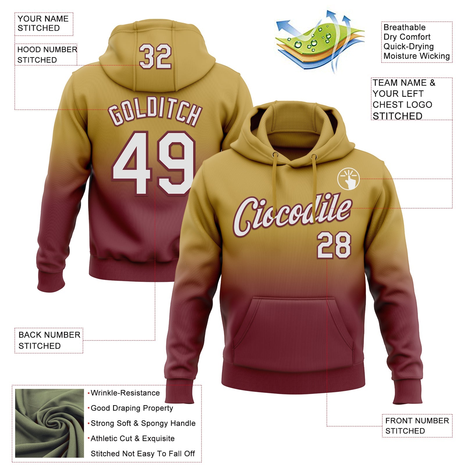 Custom Stitched Old Gold White-Burgundy Fade Fashion Sports Pullover Sweatshirt Hoodie view 2