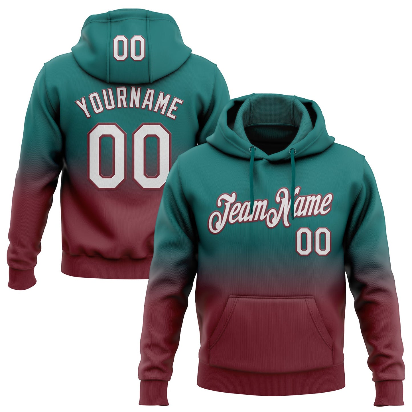 Custom Stitched Teal White-Burgundy Fade Fashion Sports Pullover Sweatshirt Hoodie - Main View
